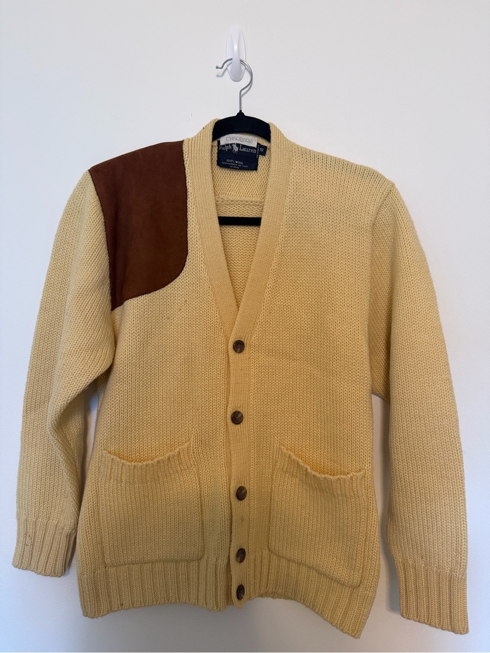 Vintage Ralph Lauren Yellow 100% Wool Cardigan with Brown Suede Shoulder Patch